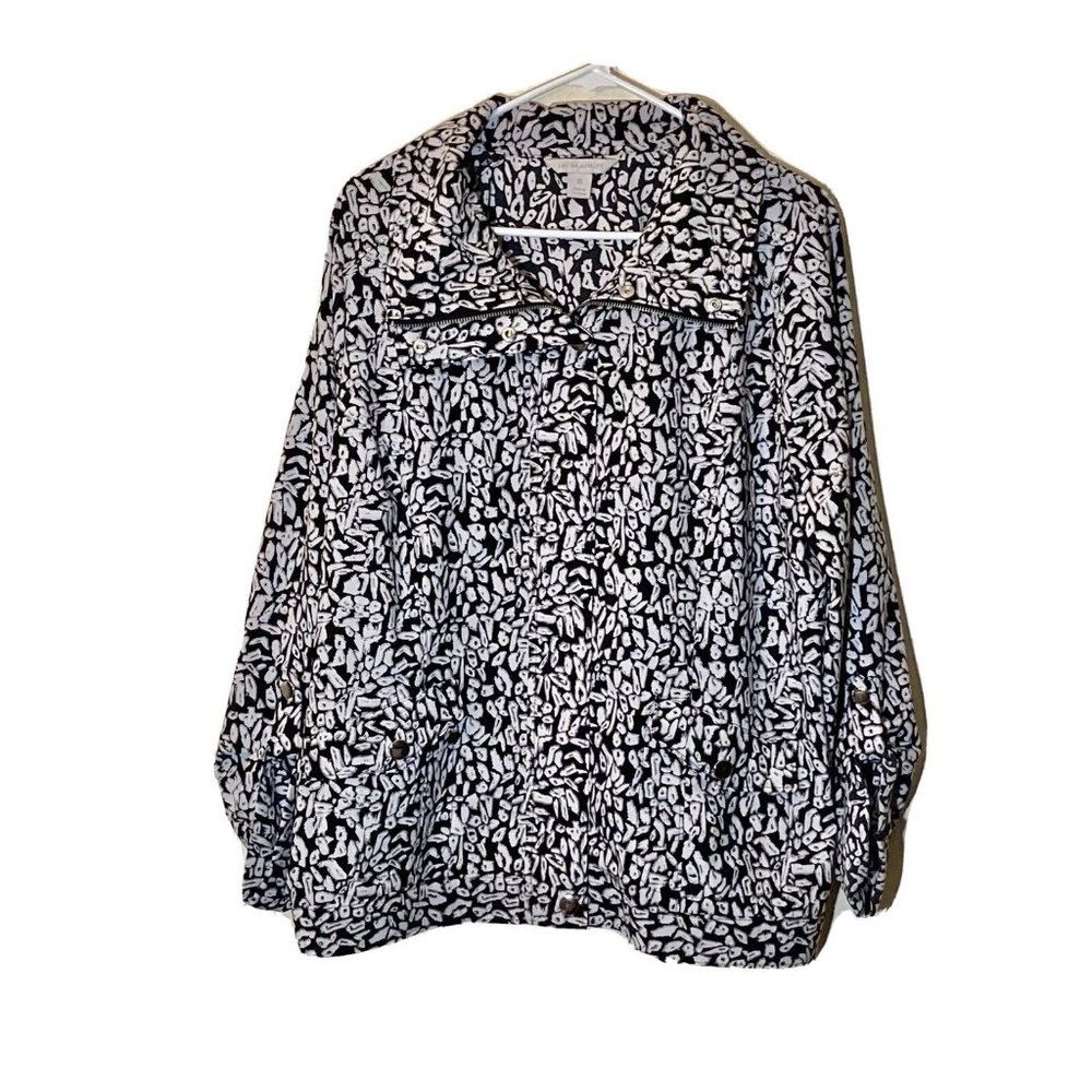 Laura Ashley Long Sleeve Front Zip & Snap Top XL Black White Geometric Womens